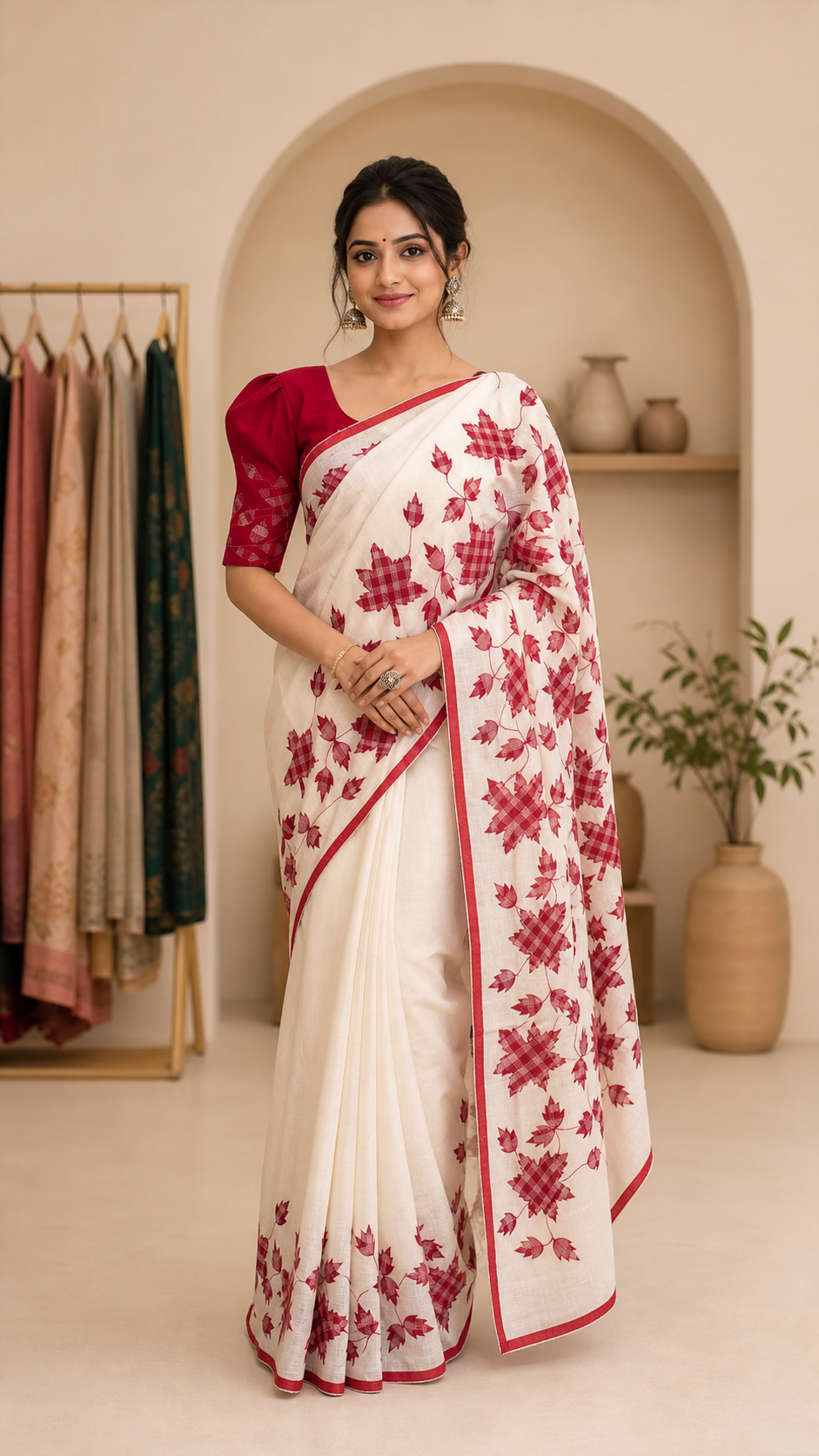Artisan Resham Check Saree Maple Leaf Pattern