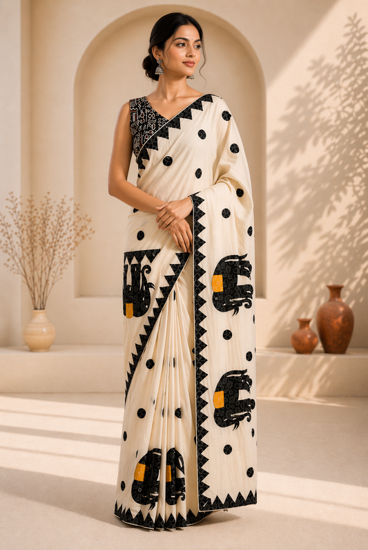 Dhanekhali Animal Applique Saree