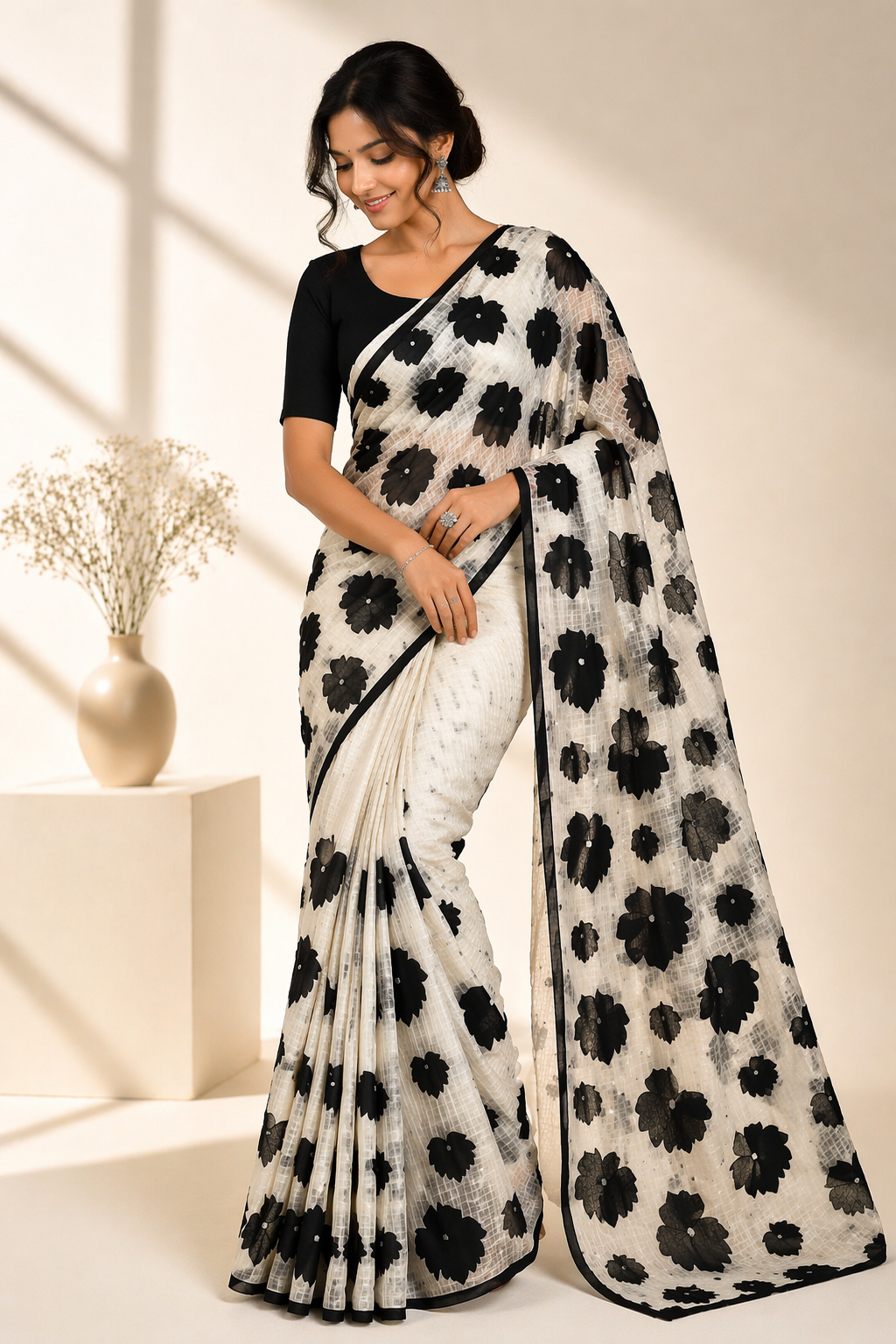 Artisan Resham Check Saree Maple Leaf Pattern