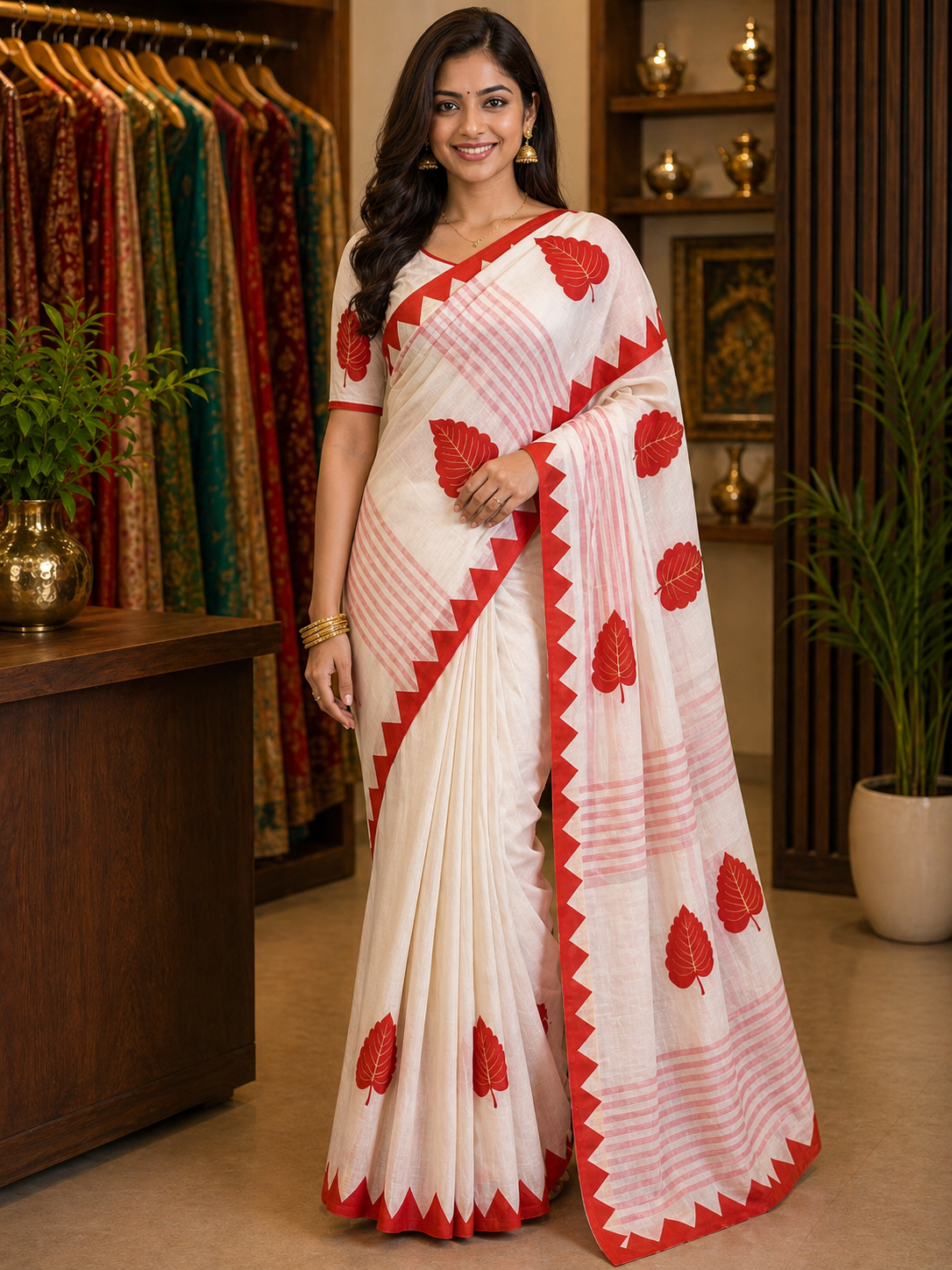 Dhanekhali Cotton Artisan Leaf Saree