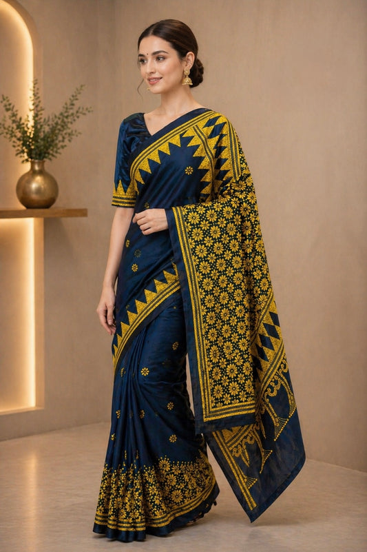Elegant Kantha Embroidered Silk Blend Saree