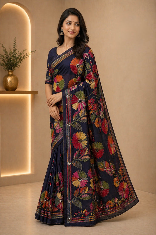 Elegant Kantha Embroidered Silk Blend Saree