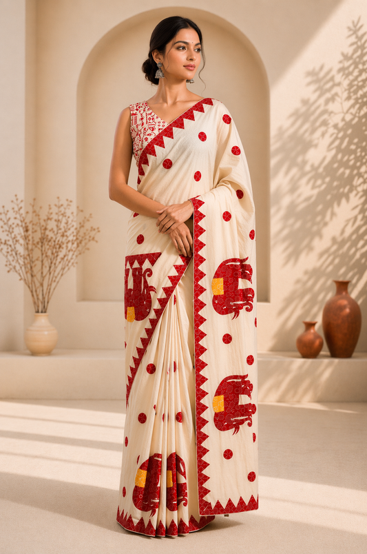 Dhanekhali Animal Applique Saree