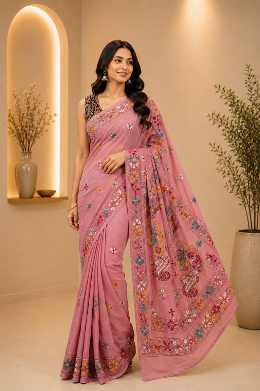 Rangriti Art Silk Kantha Stitch Saree