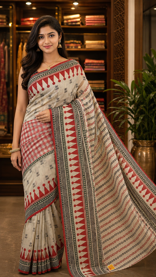 Crimson Crown Handblock Cotton Saree (Heritage Edition)