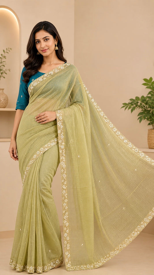 Sage Bloom Zardosi Handwork Cotton Saree with Blouse Piece