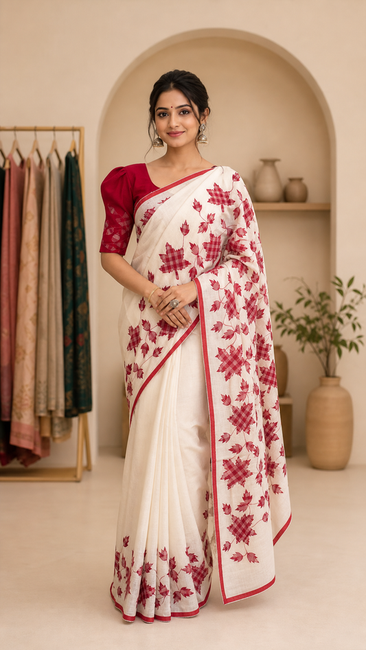 Artisan Resham Check Saree Maple Leaf Pattern