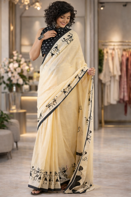 Off-White Soft Cotton Printed Saree