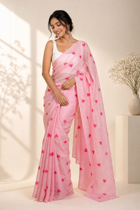 Pink Cotton Heart Printed Saree