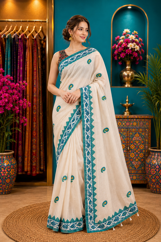 Neel Naksha Dhanekhali Cotton Saree