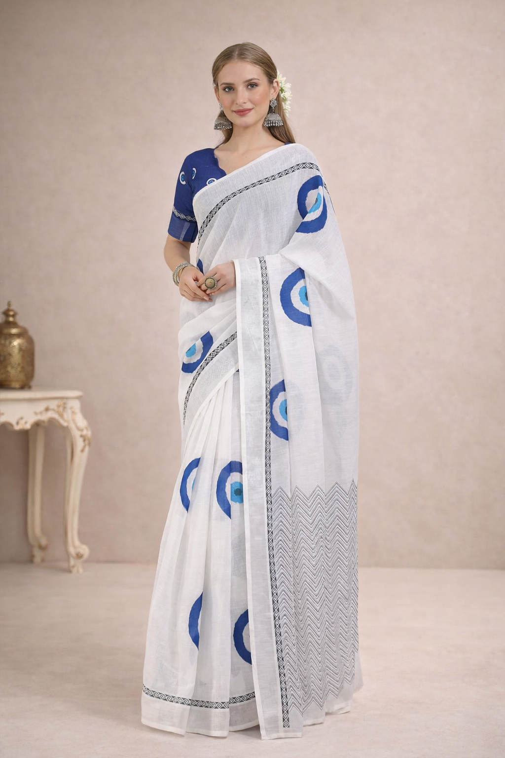 White Cotton Evil-Eye Printed Saree
