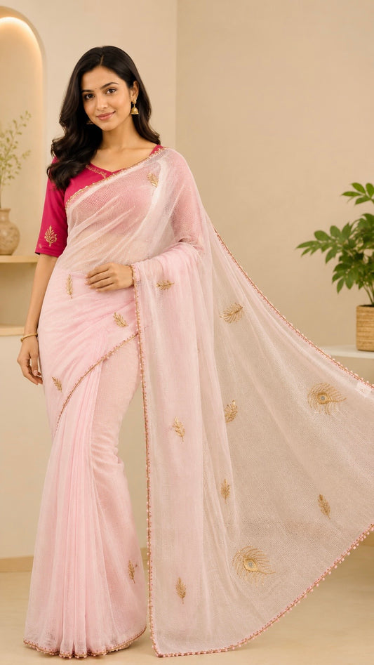 Blush Pink Cotton Zardosi Handwork Saree with Blouse Piece