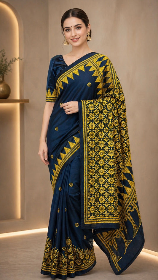Elegant Kantha Embroidered Silk Blend Saree