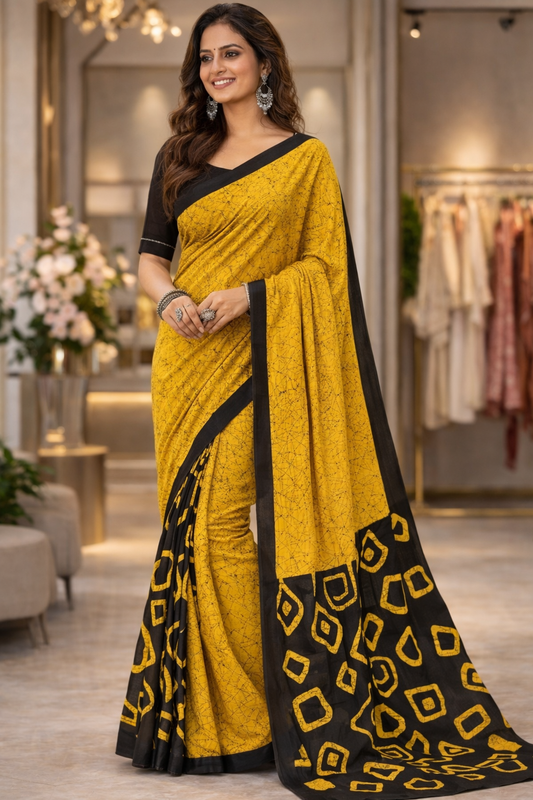 Yellow Black Colour Soft Cotton Saree
