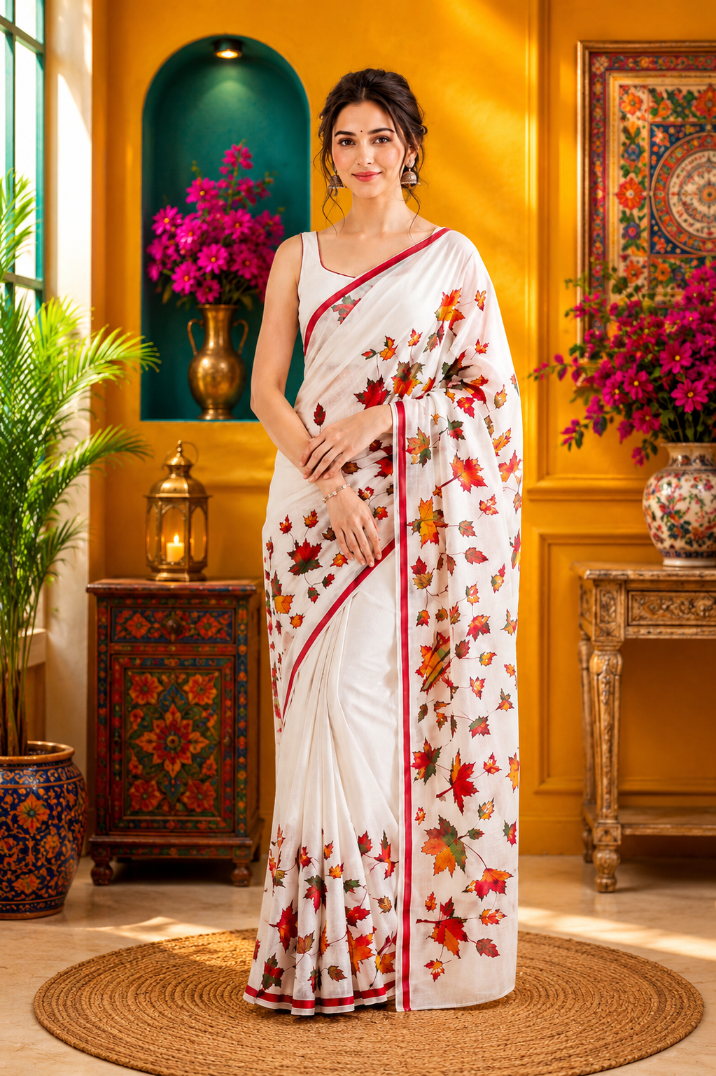 Multi-Colour Artisan Resham Check Saree Maple Leaf Pattern