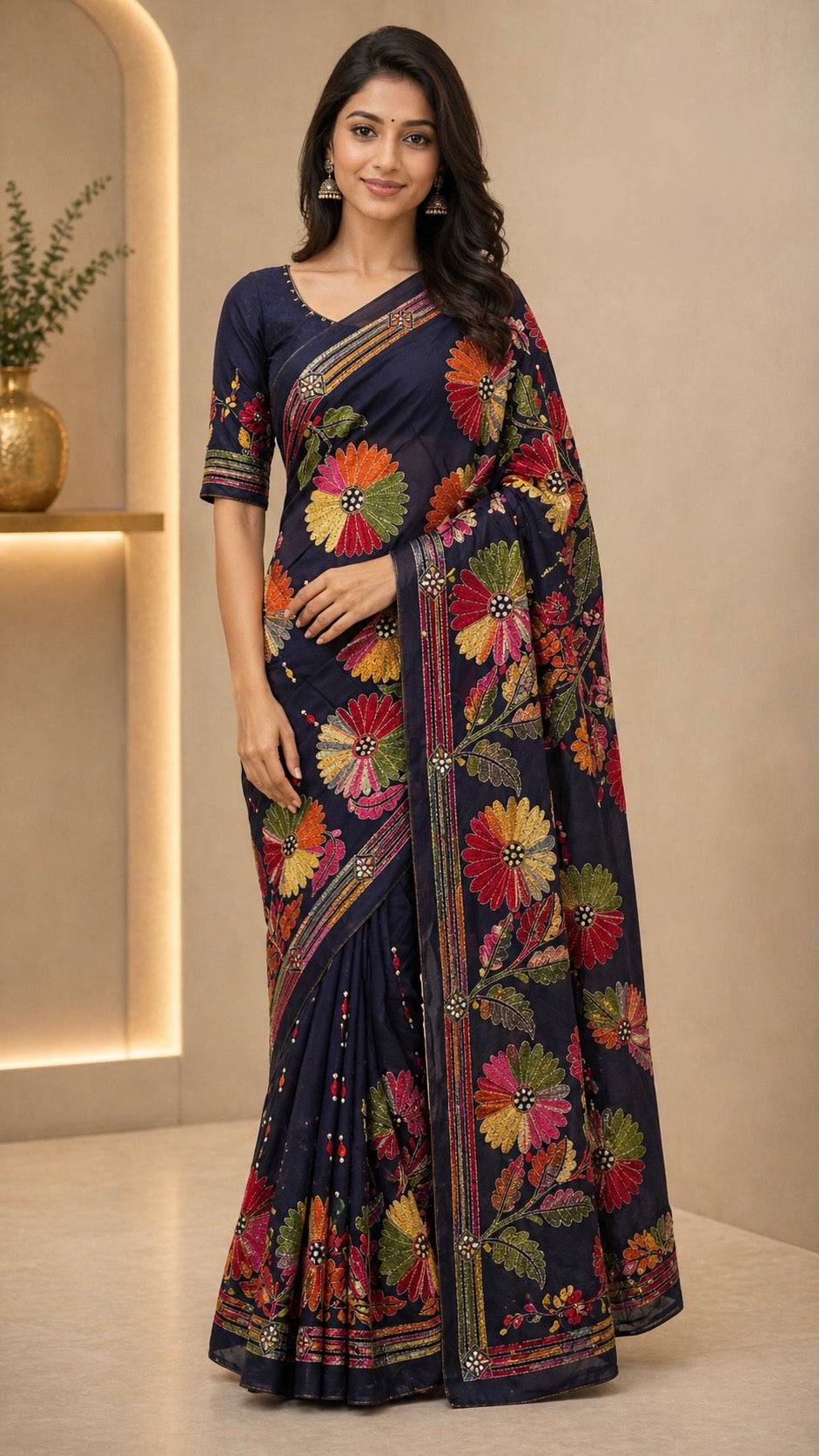 Elegant Kantha Embroidered Silk Blend Saree