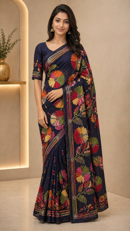 Elegant Kantha Embroidered Silk Blend Saree