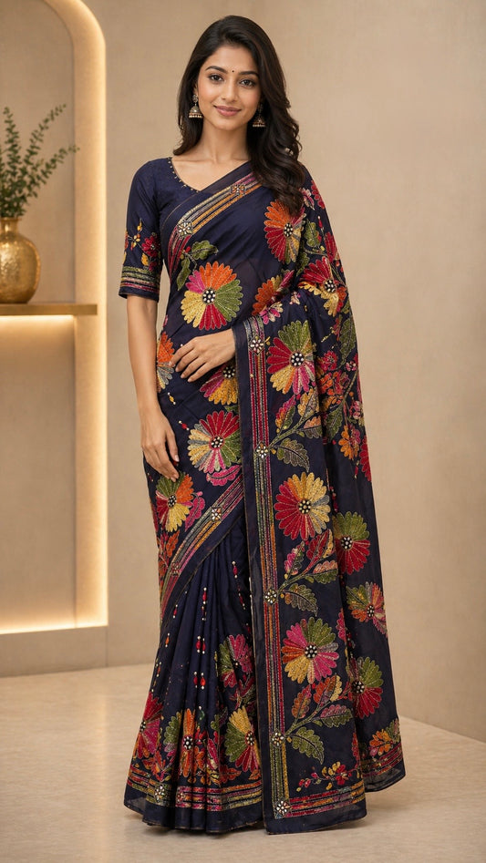 Elegant Kantha Embroidered Silk Blend Saree