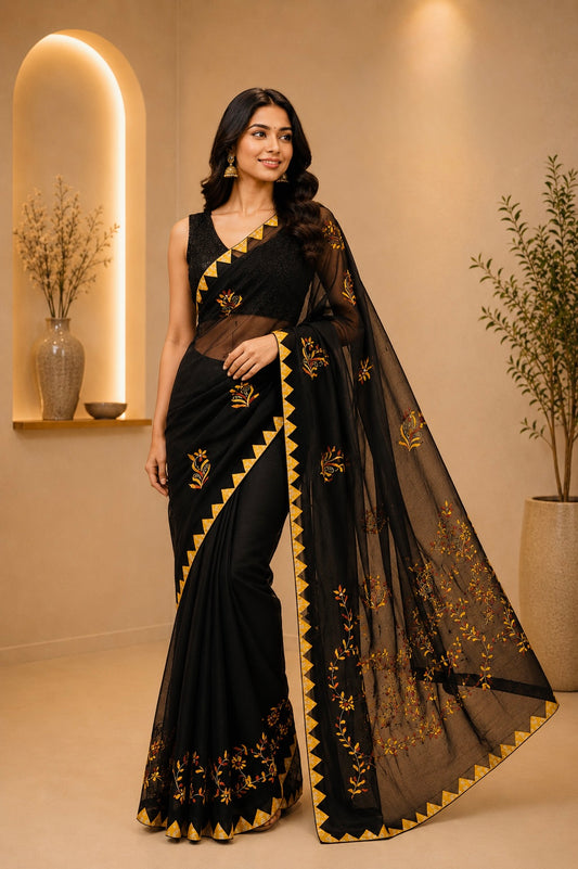 Eclipse Weave Kantha Stitch Saree