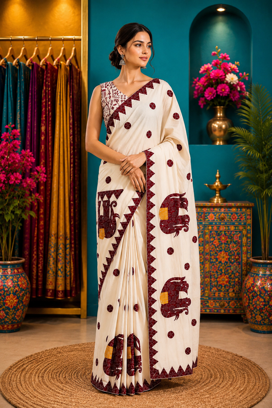 Dhanekhali Animal Applique Saree