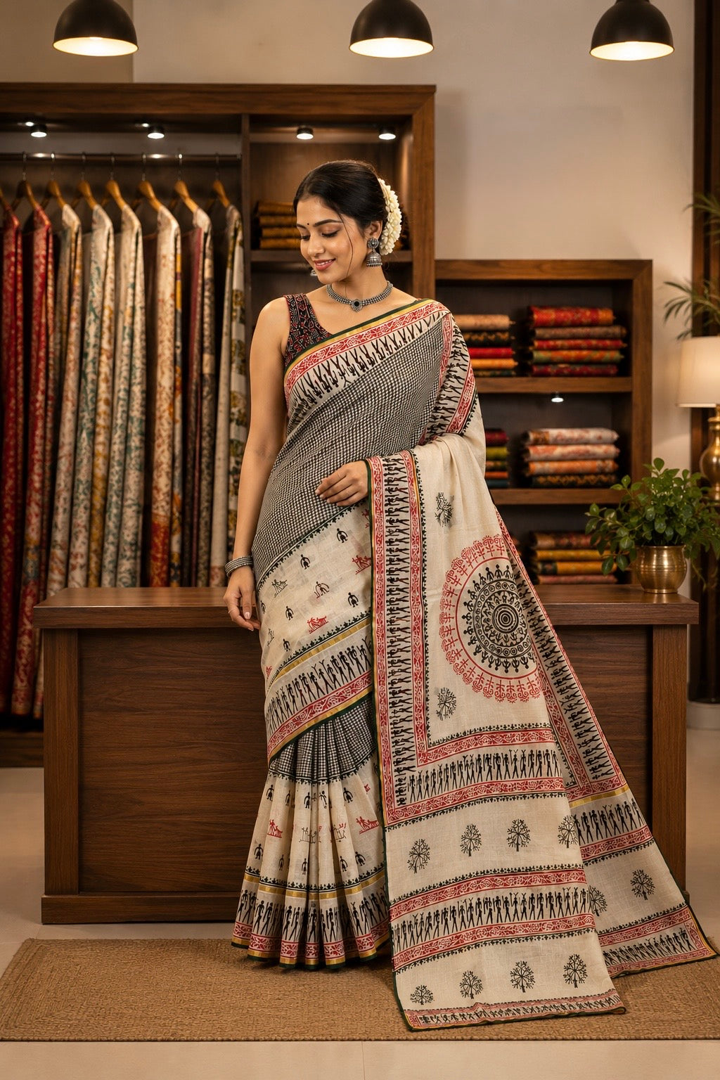 Warli Chakra Handblock Cotton Saree (Heritage Edition)