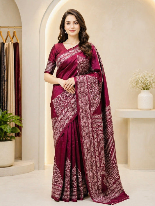 Handcrafted Alpana Kantha Bangalore Silk Saree