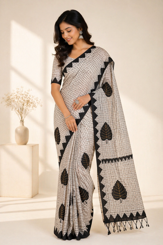 Handloom Dhanekhali Cotton Leaf Applique Saree