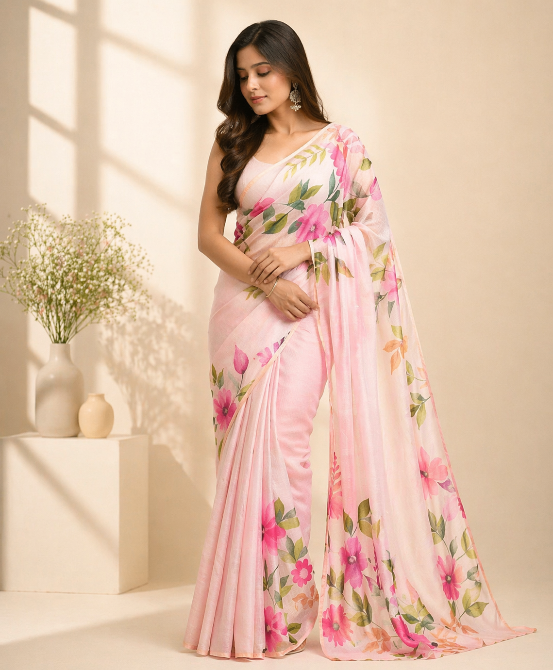 Pink Floral Cotton Printed Saree