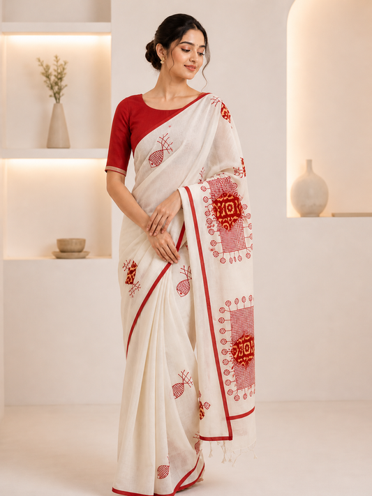 Dhanekhali Cotton Fish Applique Saree