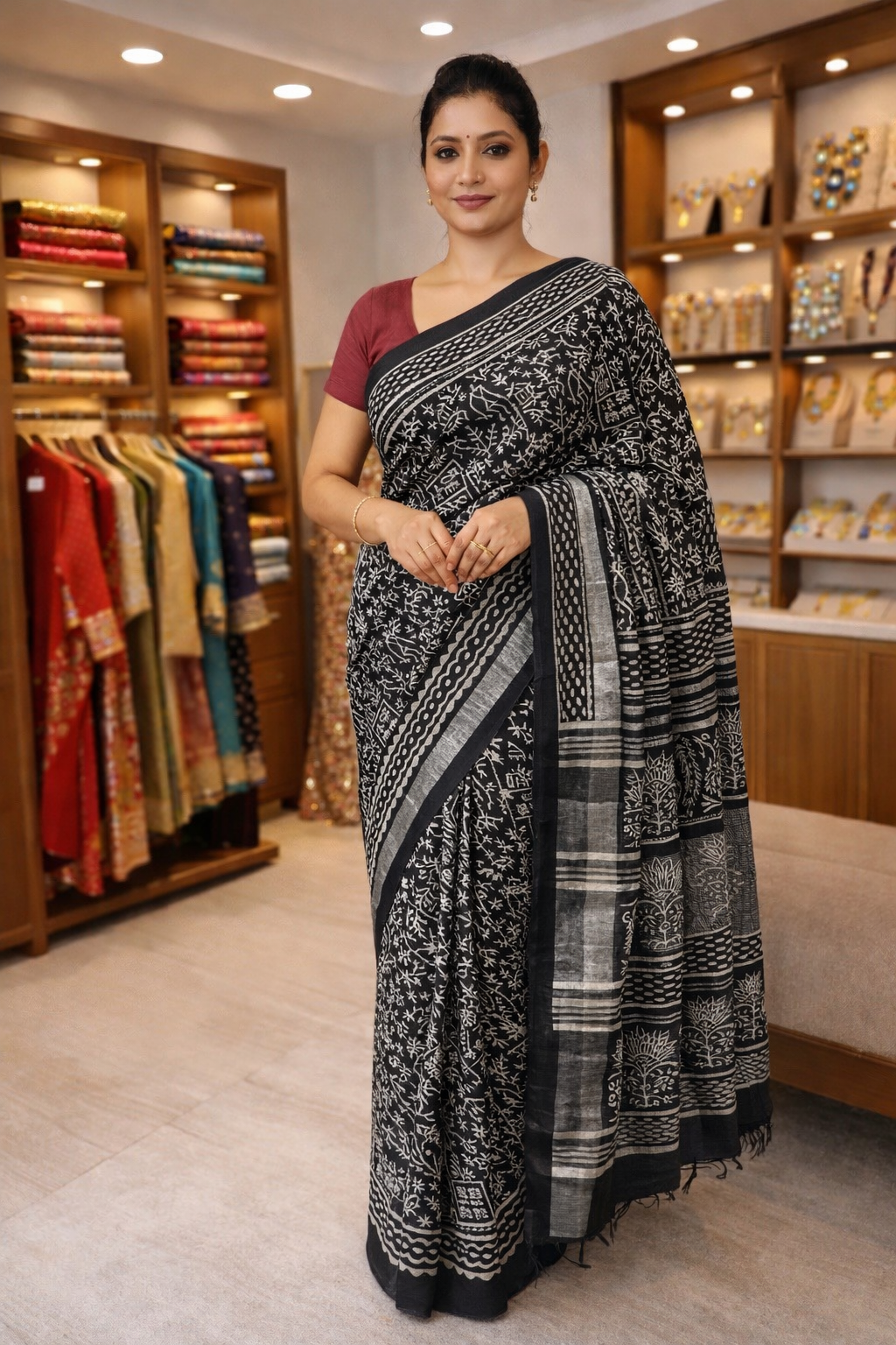 Handblock Dabu Print Linen Cotton Saree