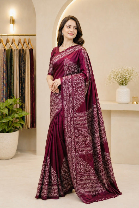 Handcrafted Alpana Kantha Bangalore Silk Saree