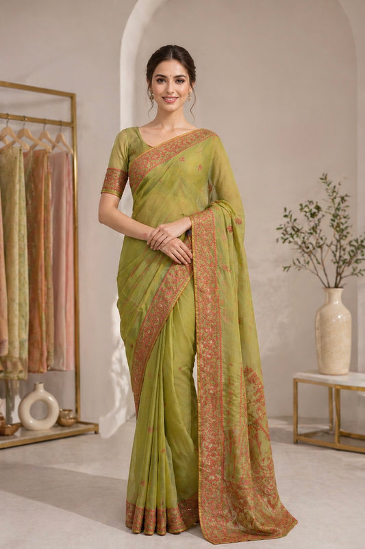 Elegant Half Tassar Saree with Gujarati Stitch