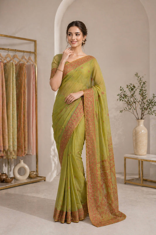 Elegant Half Tassar Saree with Gujarati Stitch