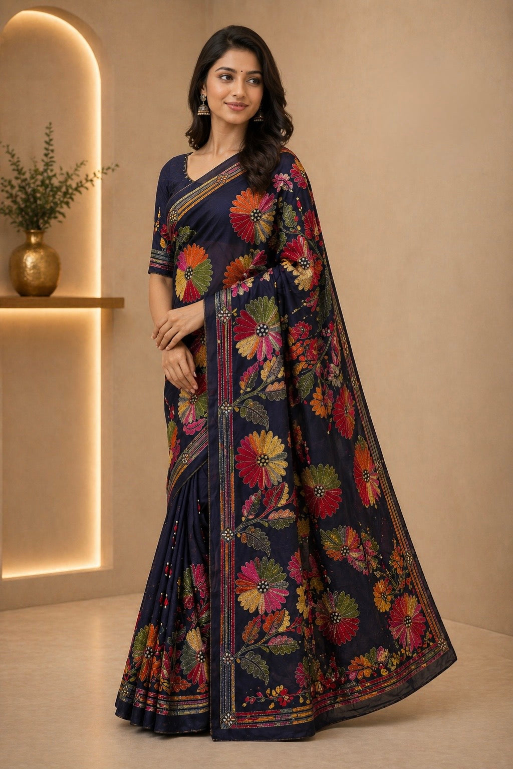 Elegant Kantha Embroidered Silk Blend Saree