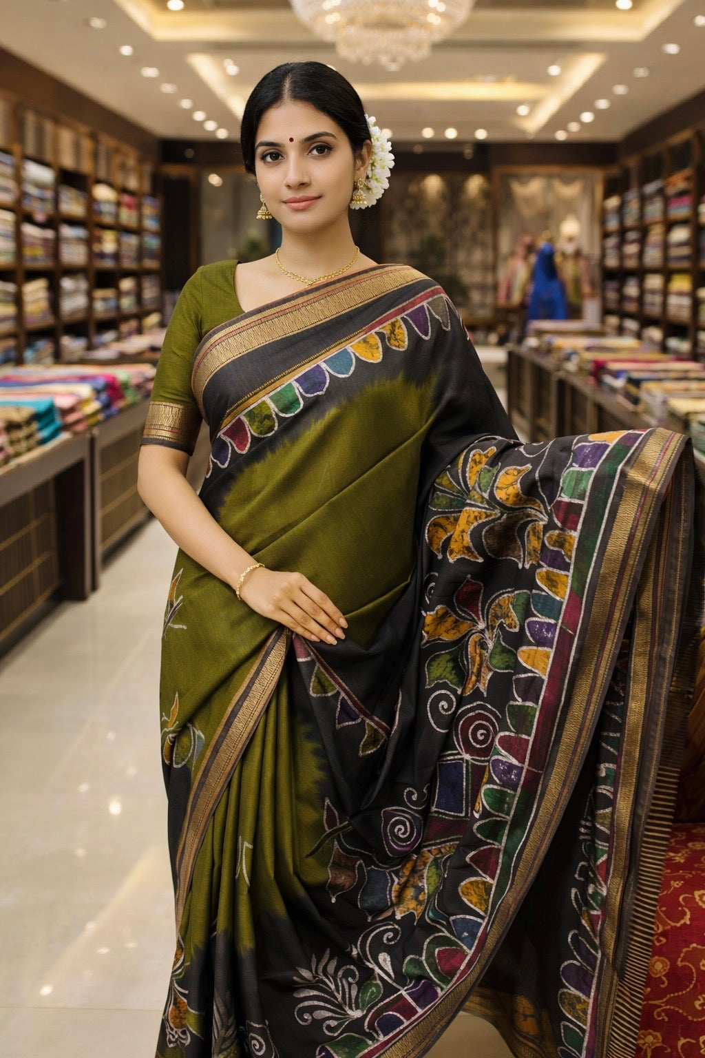 Premium Maheshwari Silk Saree Batik Print