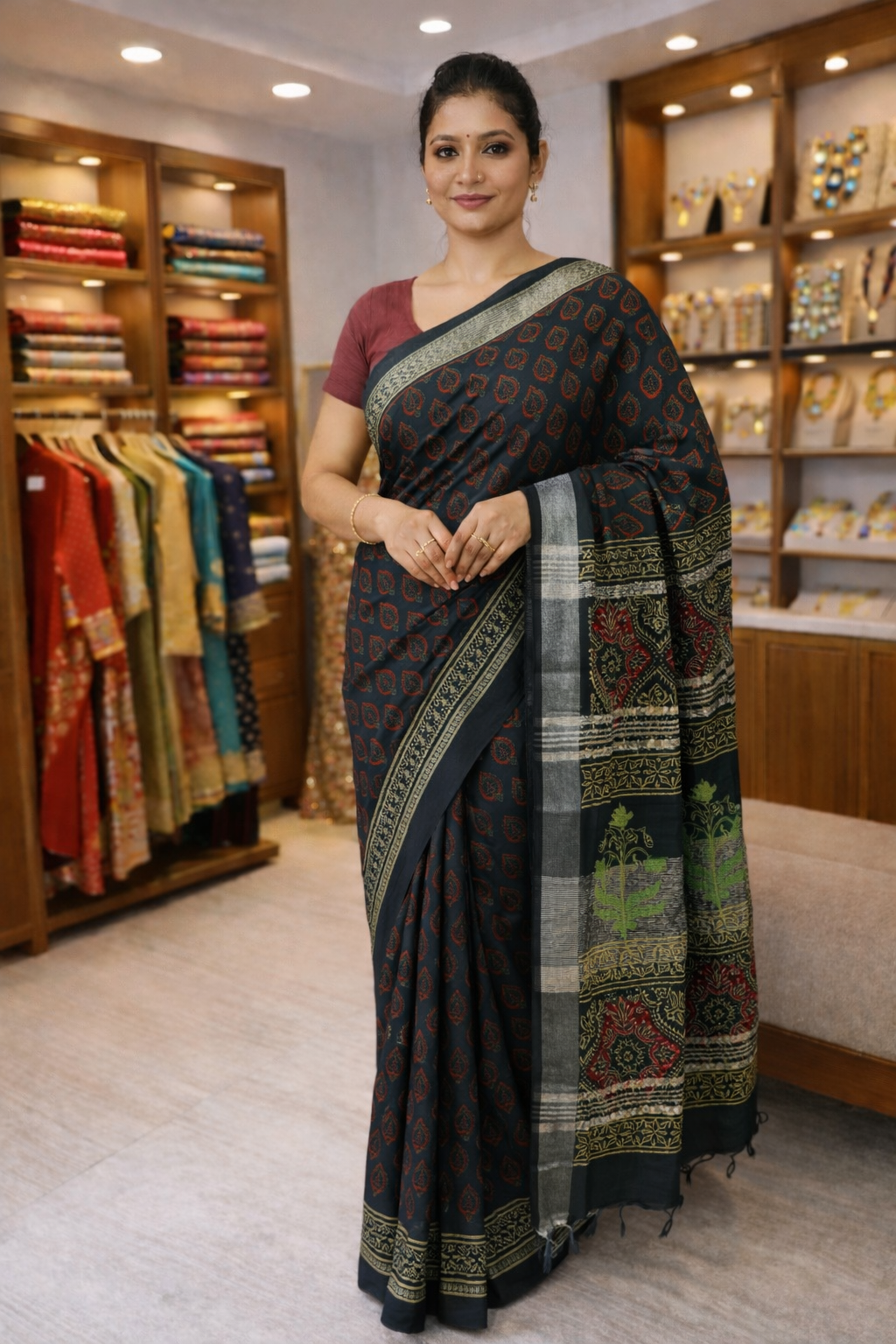 Classic Napthol Ajrakh Linen Cotton Saree