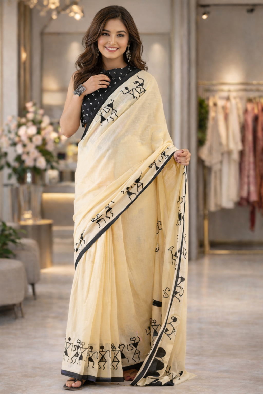 Off-White Soft Cotton Printed Saree