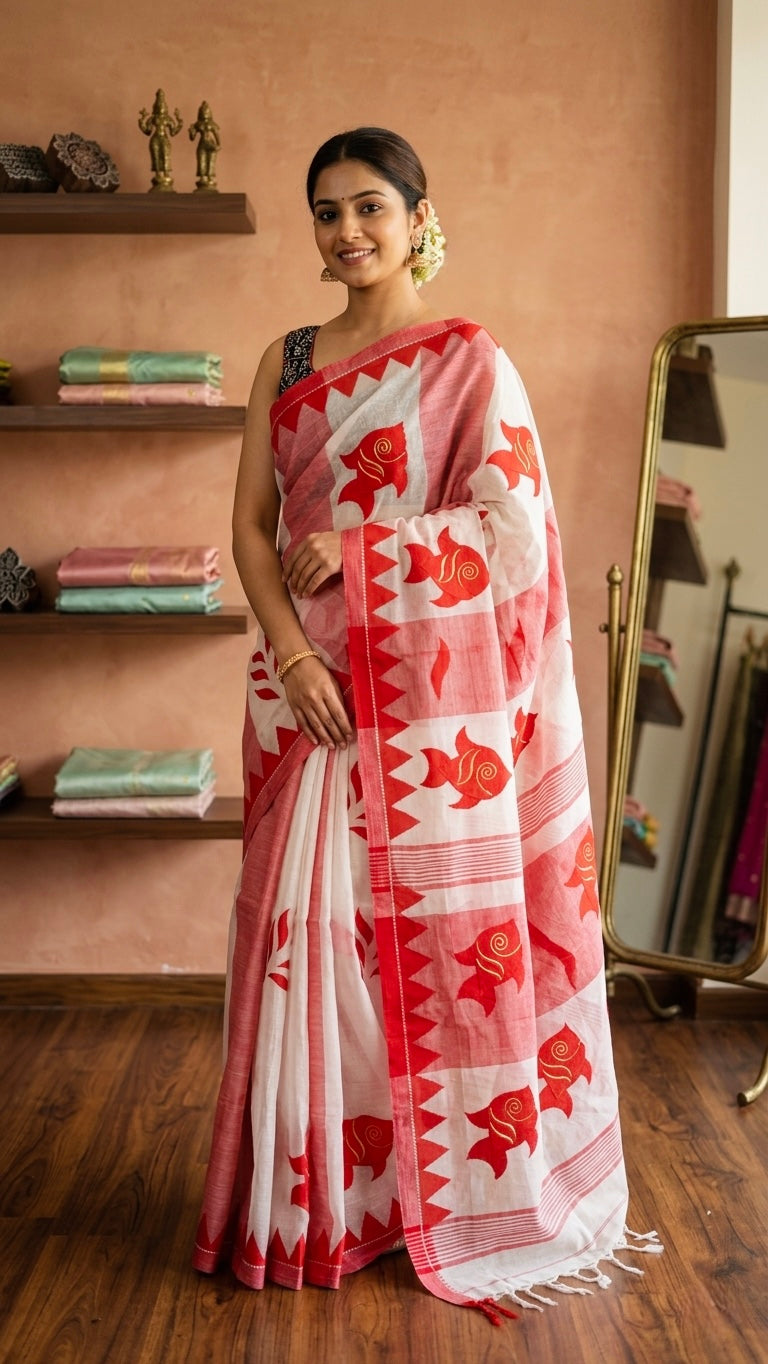 Dhanekhali Cotton Fish Applique Saree